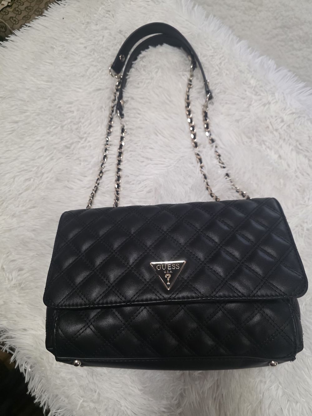 Guess Black Quilted Shoulder Bag with Gold Chain Trim